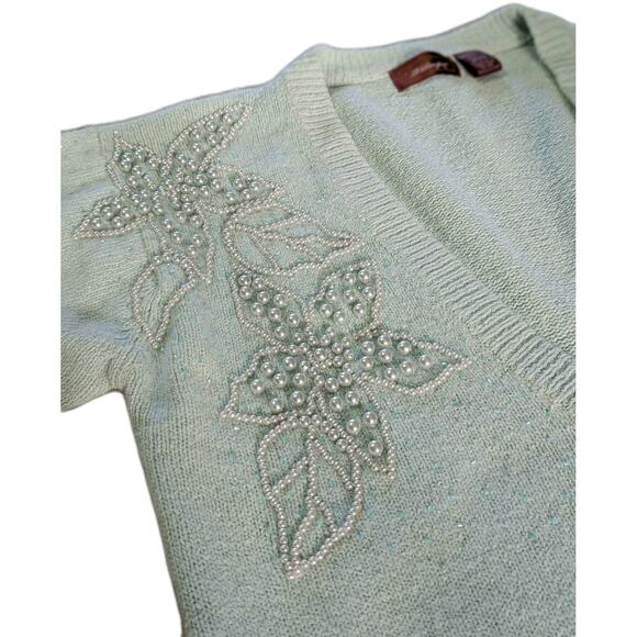Vintage Pearl Beaded sparkle ice blue Cardigan Sz. M Silk Angora. Soft Girl - Picture 2 of 7